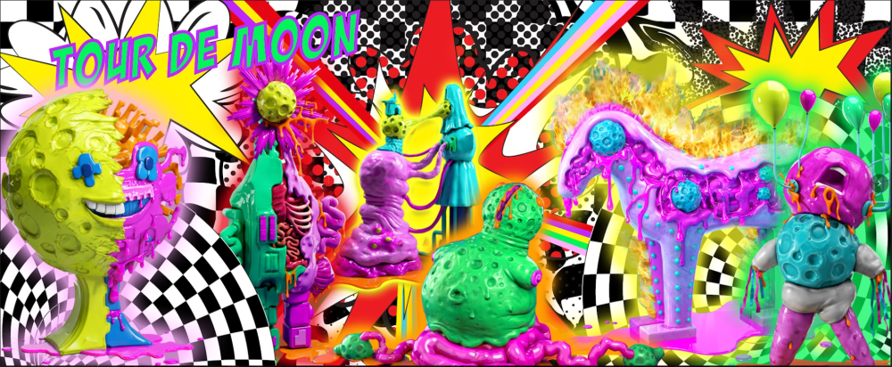 A colourful row of computer-generated characters with the word tour de moon in the top left hand corner