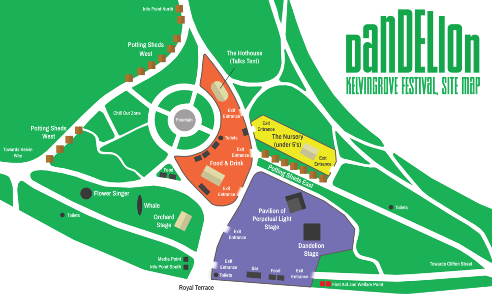 A map showing where all the areas and stages are in Kelvingrove Park for Dandelion Festival